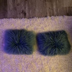 PAIR of West Elm Mongolian lamb fur pillows in TEAL